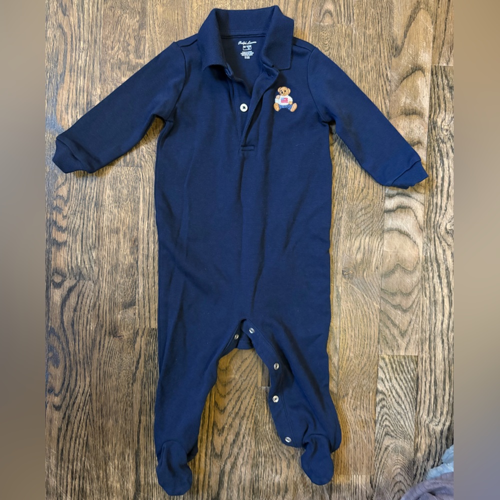Ralph Lauren Navy Footie with Bear Embroidery